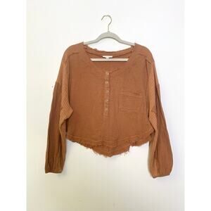 Promesa Brown Cropped Top M Boho Frayed Hem Waffle Oversize Casual Festival Fall